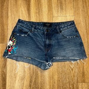 Ed Hardy Blue Jean Shorts with Colorful Skull Design